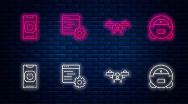 Bilgisayar Ağı Arayüzü 'nü, İHA' yı, robotu telefondan ve elektrikli süpürgeden kapatın. Tuğla duvarda parlayan neon simgesi. Vektör.