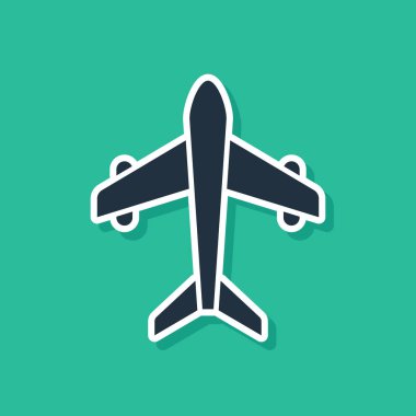 Blue Plane icon isolated on green background. Flying airplane. Airliner insurance. Security, safety, protection, protect concept.  Vector.