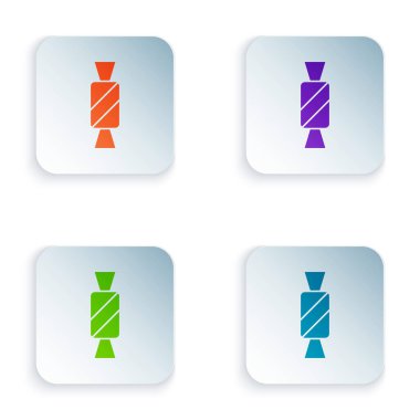 Beyaz arkaplanda izole edilmiş renkli Candy simgesi. Kare düğmelere renkli simgeleri yerleştir. Vektör.