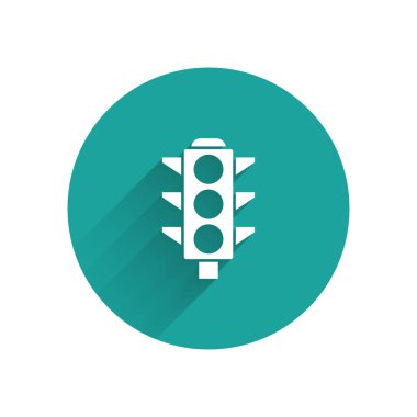 Beyaz trafik ışığı simgesi uzun gölgeli izole edildi. Yeşil daire düğmesi. Vektör.