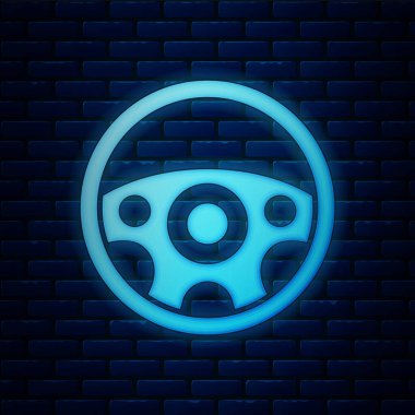 Parlayan neon direksiyon ikonu tuğla duvar arka planında izole edilmiş. Araba tekeri ikonu. Vektör.