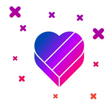 Kalp şeklinde kutuda renkli şeker ve beyaz arkaplanda izole edilmiş yay simgesi. Sevgililer Günü. Kademeli rastgele dinamik şekiller. Vektör.