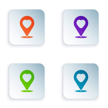 Beyaz arkaplanda kalp simgesi izole edilmiş renk haritası işaretçisi. Sevgililer Günü. Aşk yeri. Romantik harita iğnesi. Kare düğmelere renkli simgeleri yerleştir. Vektör.