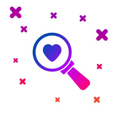 Renk Arama kalbi ve aşk simgesi beyaz arkaplanda izole edildi. İçinde kalp olan büyüteç. Kademeli rastgele dinamik şekiller. Vektör.