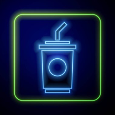 Mavi zemin üzerinde saman ve su ikonu bulunan parlak neon kağıt bardaklar. Soda bardağı. Taze soğuk içecek sembolü. Vektör.