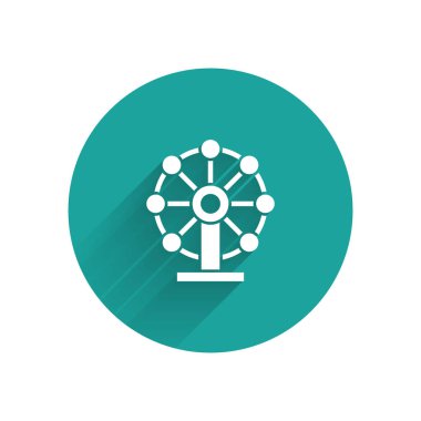 Beyaz dönme dolap ikonu uzun gölgeli izole edilmiş. Eğlence parkı. Çocuklar için eğlence parkı, eğlence parkı. Yeşil daire düğmesi. Vektör.