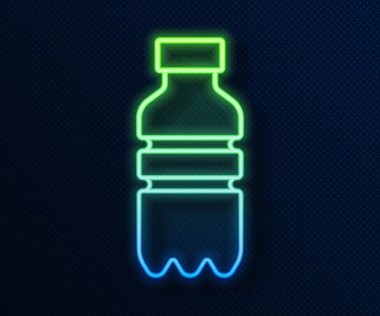 Parlayan neon hattı mavi arka planda izole edilmiş su ikonu. Soda su içme tabelası. Vektör.