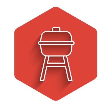 Beyaz çizgi ızgara ikonu uzun gölgeli izole edilmiş. Barbekü ızgara partisi. Kırmızı altıgen düğmesi. Vektör.