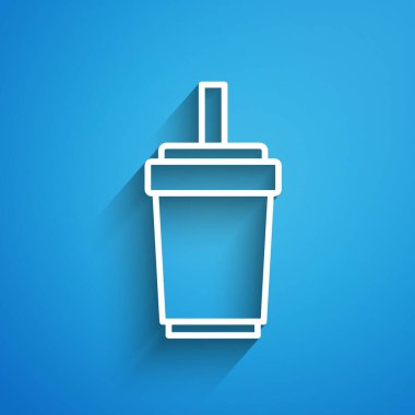 Mavi zemin üzerinde saman ve su ikonu olan beyaz çizgi kağıt bardak. Soda bardağı. Taze soğuk içecek sembolü. Uzun gölge. Vektör.