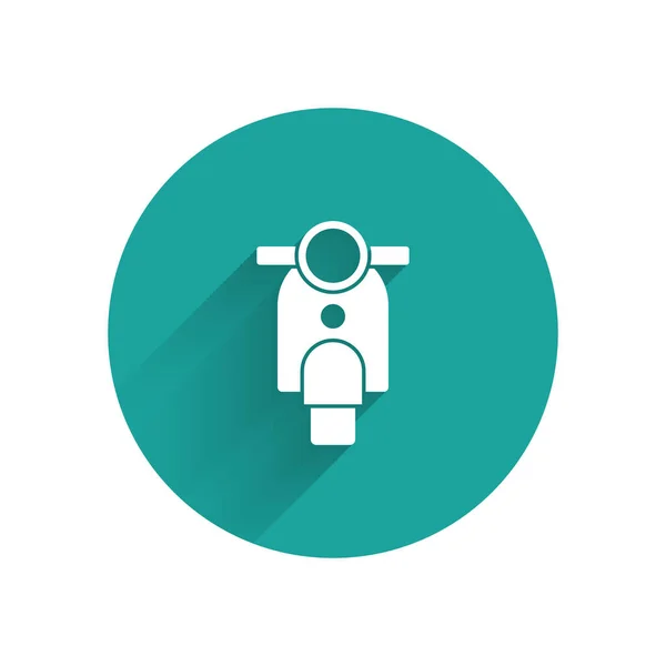 White Scooter icon isolated with long shadow. Green circle button. Vector.