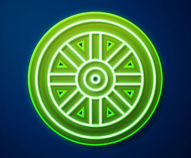 Parlayan neon hattı mavi arka planda izole edilmiş eski ahşap tekerlek simgesi. Vektör.