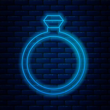 Parlak neon çizgili elmas nişan yüzüğü ikonu tuğla duvar arka planında izole edilmiş. Vektör.