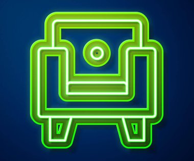 Parlayan neon hattı Armchair simgesi mavi arkaplanda izole edildi. Vektör.