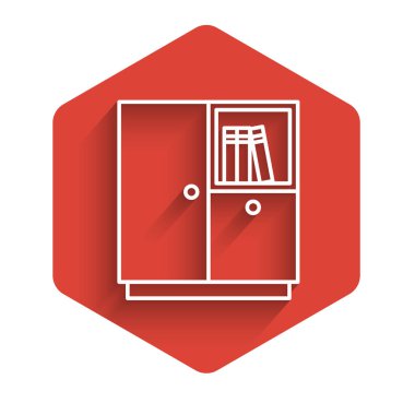 Beyaz çizgi kıyafet ikonu uzun gölgeli izole edilmiş. Kırmızı altıgen düğmesi. Vektör.