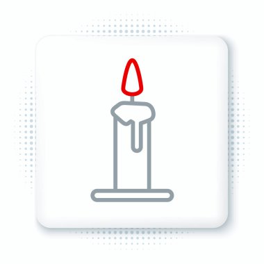 Beyaz arkaplanda izole edilmiş şamdan simgesinde çizgi yakma mumu. Silindirik mum çubuğu ve yanan ateş. Renkli taslak konsepti. Vektör.