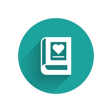 Uzun gölgeli beyaz tıp kitabı ikonu. Yeşil daire düğmesi. Vektör.