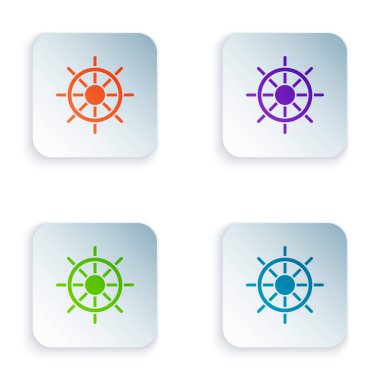 Renkli gemi direksiyon simgesi beyaz arkaplanda izole edildi. Kare düğmelere renkli simgeleri yerleştir. Vektör.