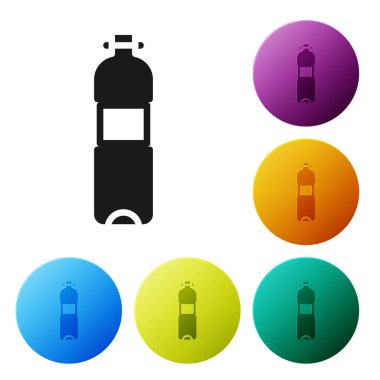 Beyaz arka planda izole edilmiş siyah su ikonu şişesi. Soda su içme tabelası. Simgeleri renk daire düğmelerine ayarla. Vektör.