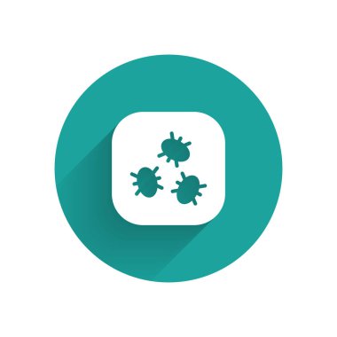 Beyaz Bakteri simgesi uzun gölgeli izole edilmiş. Bakteriler ve mikroorganizmalar, sebep olan mikroorganizma hastalıkları, hücre kanseri, mikrop, virüs, mantar. Yeşil daire düğmesi. Vektör.