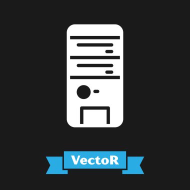 Siyah arkaplanda beyaz bilgisayar simgesi izole edildi. Bilgisayar bileşeni işareti. Vektör.