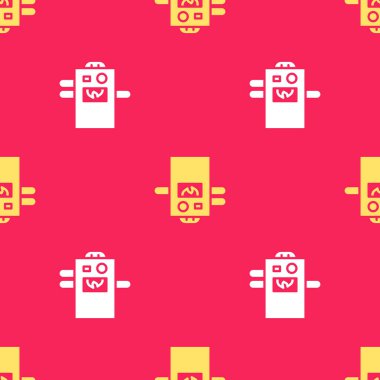 Yanan ateş ikonuna sahip sarı gaz kazanı kırmızı arka planda izole edilmiş pürüzsüz desen. Vektör.