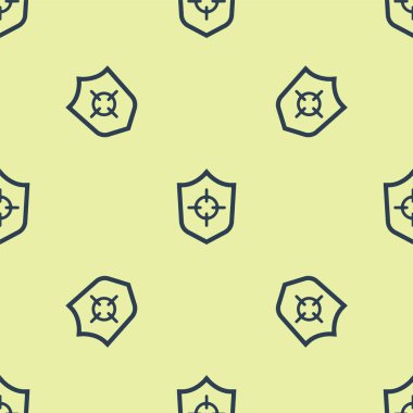 Mavi Kalkan simgesi sarı arka planda izole edilmiş kusursuz desen. Gardiyan. Güvenlik, güvenlik, koruma, gizlilik kavramı. Vektör.