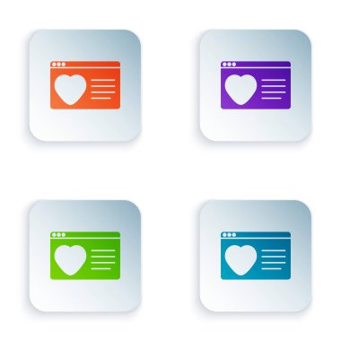 Renk Bulma uygulaması çevrimiçi dizüstü bilgisayar konsepti simgesi beyaz arkaplanda izole edildi. Kadın erkek profili düz tasarım. Çift ilişki için eşleşiyor. Kare düğmelere renkli simgeleri yerleştir. Vektör.