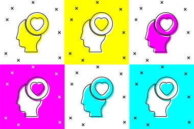 Kalp ikonuna sahip insan kafasını renk arkaplanına ayır. İnsan kafasıyla aşk kavramı. Vektör.