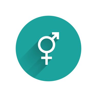 Beyaz cinsiyet simgesi uzun gölgelerle izole edilmiş. Erkek ve kadın sembolleri. Seks sembolü. Yeşil daire düğmesi. Vektör.