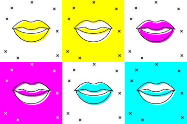 Gülen dudaklar simgesini renk arkaplanında izole et. Gülümse. Vektör.