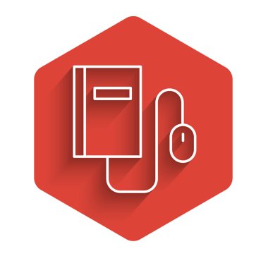 Fare simgesinin uzun gölgeli olduğu beyaz çizgi Elektronik kitabı. Çevrimiçi eğitim kavramı. E-kitap rozet ikonu. Kırmızı altıgen düğmesi. Vektör İllüstrasyonu.