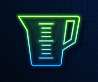 Parlayan neon çizgisi, mavi arkaplanda izole edilmiş kuru ve sıvı yiyecek ikonunu ölçmek için ölçme kabı. Plastik şişenin sapı var. Vektör.