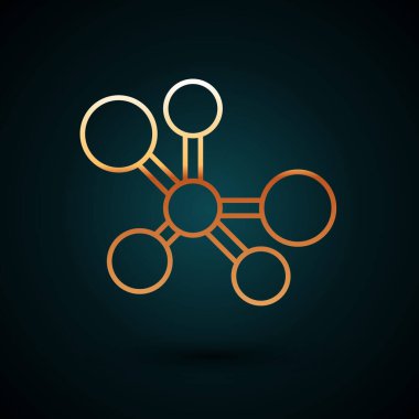 Altın çizgili Molekül simgesi koyu mavi arkaplanda izole edilmiş. Kimya moleküllerinin yapısı, fen öğretmenlerinin yenilikçi eğitim posteri. Vektör.