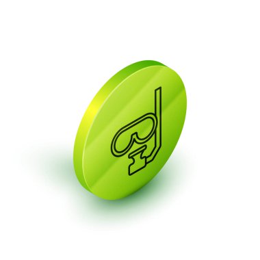 Beyaz arkaplanda izole edilmiş Isometric çizgi dalış maskesi ve şnorkel ikonu. Olağanüstü bir spor. Su altı ekipmanları. Yeşil daire düğmesi. Vektör.