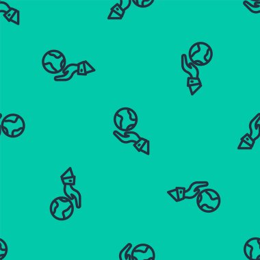 Mavi çizgi, Dünya 'nın simgesini tutan insan elleri yeşil arka planda izole edilmiş pürüzsüz desen. Dünya kavramını sakla. Vektör.