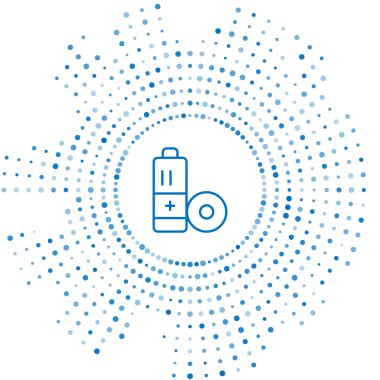 Mavi çizgi batarya simgesi beyaz arkaplanda izole edildi. Şimşek sembolü. Soyut çember rastgele noktalar. Vektör.