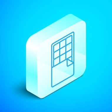 Mavi arka planda izole edilmiş çikolatalı çikolata ikonu. Gümüş kare düğme. Vektör.