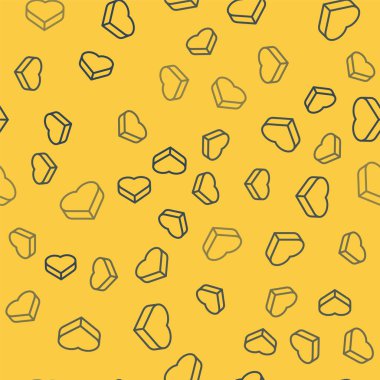 Mavi çizgi Candy kalp şeklinde kutuda ve yay ikonunda sarı arka planda izole edilmiş kusursuz desen. Sevgililer Günü. Vektör.