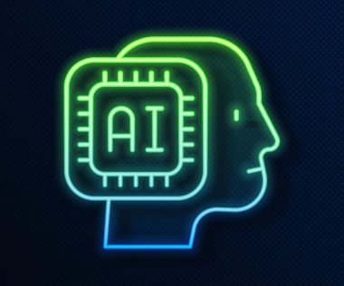 Parlayan neon hattı mavi arka planda insansı robot simgesi izole edildi. Yapay zeka, makine öğrenme, bulut hesaplama. Vektör.