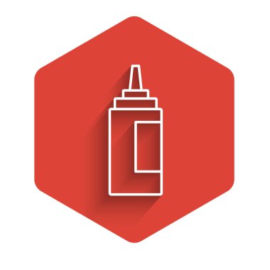 Beyaz çizgili sos şişesi ikonu uzun gölgeli. Ketçap, hardal ve fast food için soslu mayonez şişeleri. Kırmızı altıgen düğmesi. Vektör.