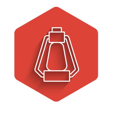 Beyaz çizgi kamp feneri ikonu uzun gölgeli izole edilmiş. Mutlu Cadılar Bayramı Partisi. Kırmızı altıgen düğmesi. Vektör.