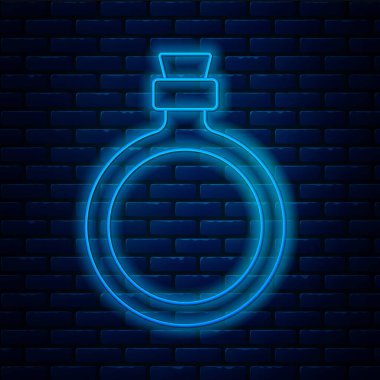 Parlayan neon hattı kantin su şişesi ikonu tuğla duvar arkasında izole edilmiş. Turist matarası ikonu. Kampanyada bir kavanoz su kullanıldı. Vektör.
