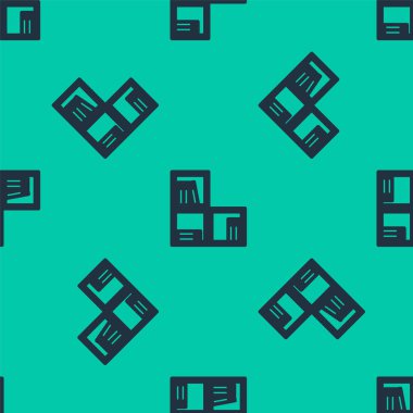 Kitap simgesine sahip mavi çizgi rafı yeşil arka planda izole edilmiş pürüzsüz desen. Raflar işaretli. Vektör.