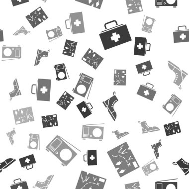 İlk yardım çantasını, katlanmış haritayı konumu, yürüyüş botunu ve antenli telsizi sorunsuz bir şekilde ayarla. Vektör.