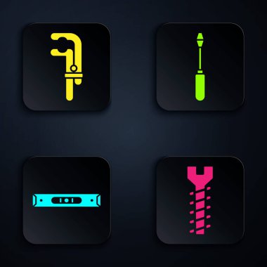 Metalik vida, kıskaç, balon seviyesi ve tornavida ayarlayın. Siyah kare düğme. Vektör.