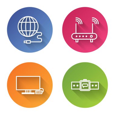 Hat sosyal ağı, Router ve wi-fi sinyali, Smart Tv ve Smartwatch ayarlayın. Renkli daire düğmesi. Vektör.