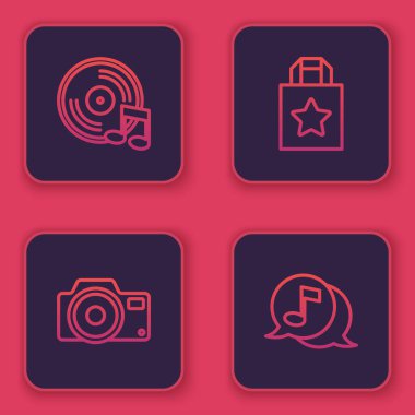 Vinil disk, fotoğraf makinesi, kağıt alışveriş torbası ve müzik nota konuşma baloncuğu ayarla. Mavi kare düğme. Vektör.