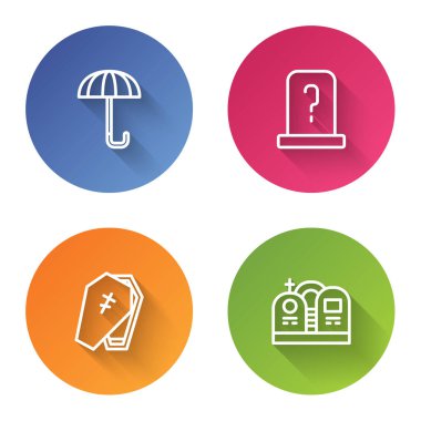 Sıra Şemsiye, mezar taşı, tabut haçı ve... Renkli daire düğmesi. Vektör.