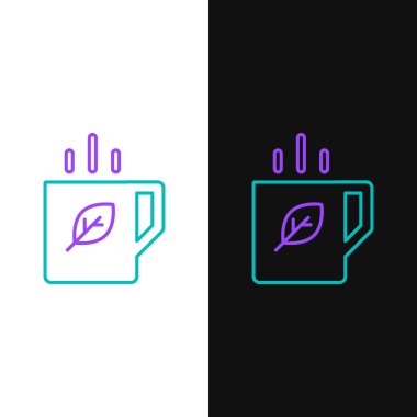 Beyaz ve siyah arkaplanda izole edilmiş çizgi çay ve yaprak ikonu. Renkli taslak konsepti. Vektör.