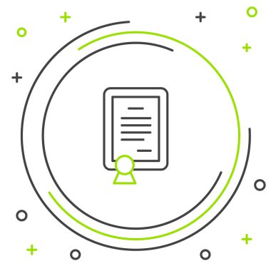 Satır Sertifikası şablon simgesi beyaz arkaplanda izole edildi. Başarı, ödül, diploma, burs, diploma kavramları. Renkli taslak konsepti. Vektör.